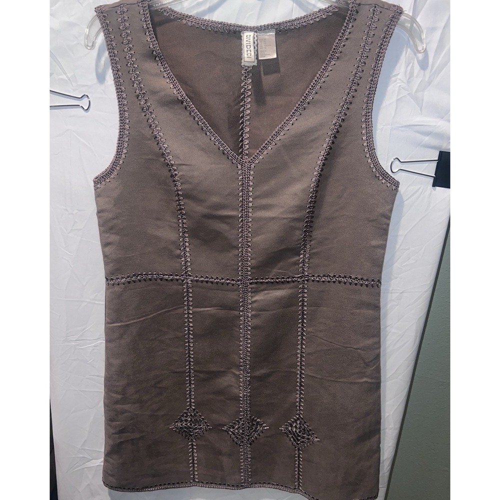 H&M Divided Faux Suede Dress Size 10 Brown Sleeveless Panel Mini Boho Hippie